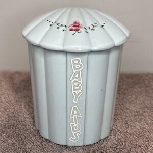 VTG 1950’s Baby Nursery Decor Blue Plastic Container Swabs Cotton Lotion Aids